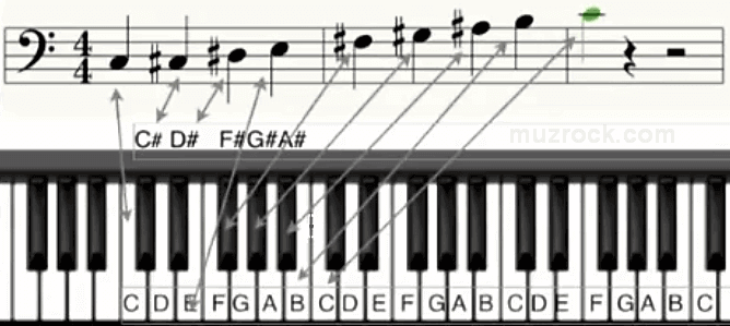 An example of displaying a sharp on a piano staff in a bass clef