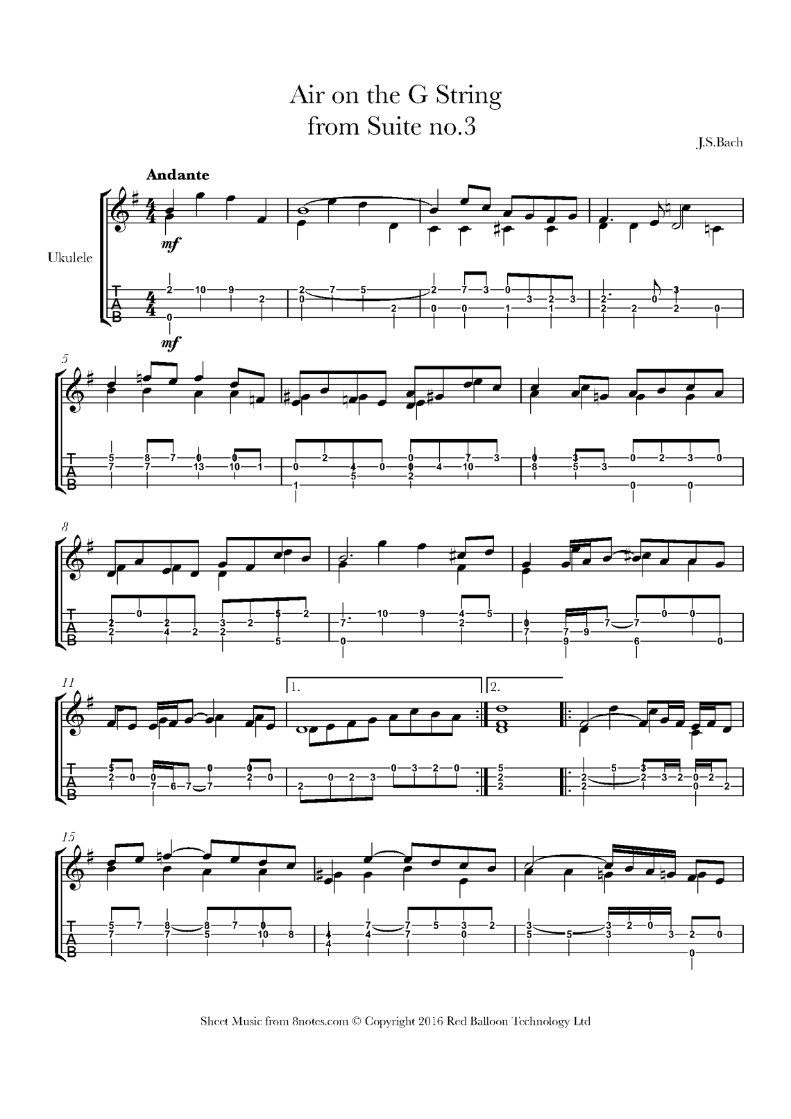 IS Bach on ukulele 用于低 G 调音 + 制表符